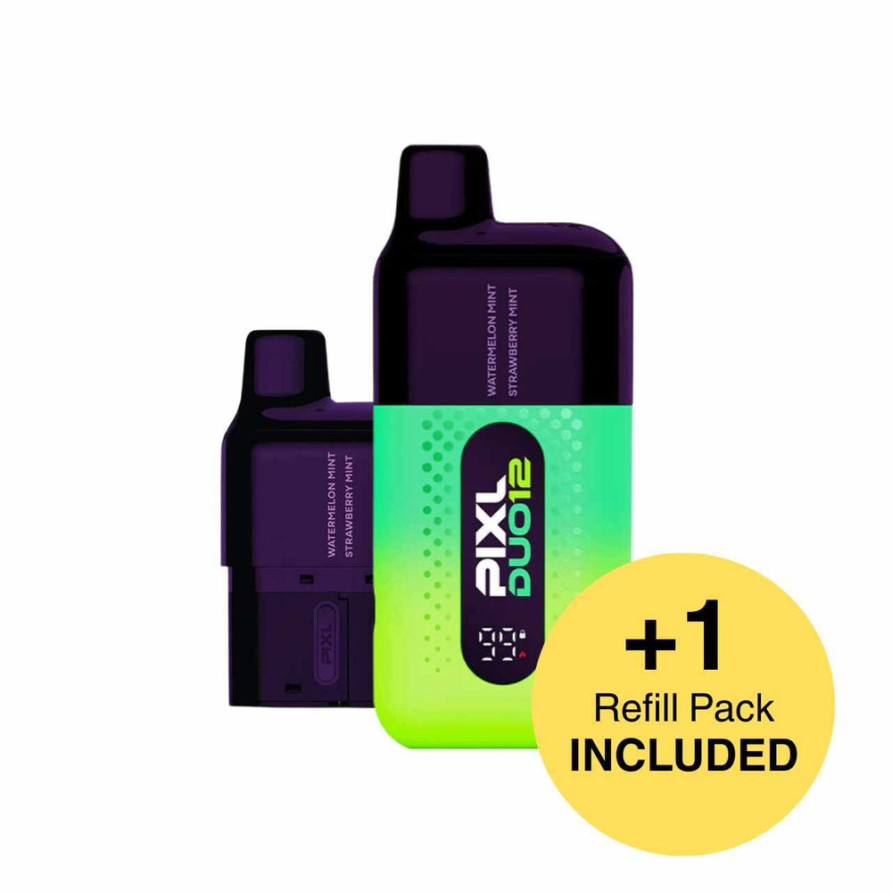 
                  
                    Two vape devices with a green and purple gradient, one larger than the other, on a white background. A yellow circle with text '1 Refill Pack INCLUDED' is also present.
                  
                