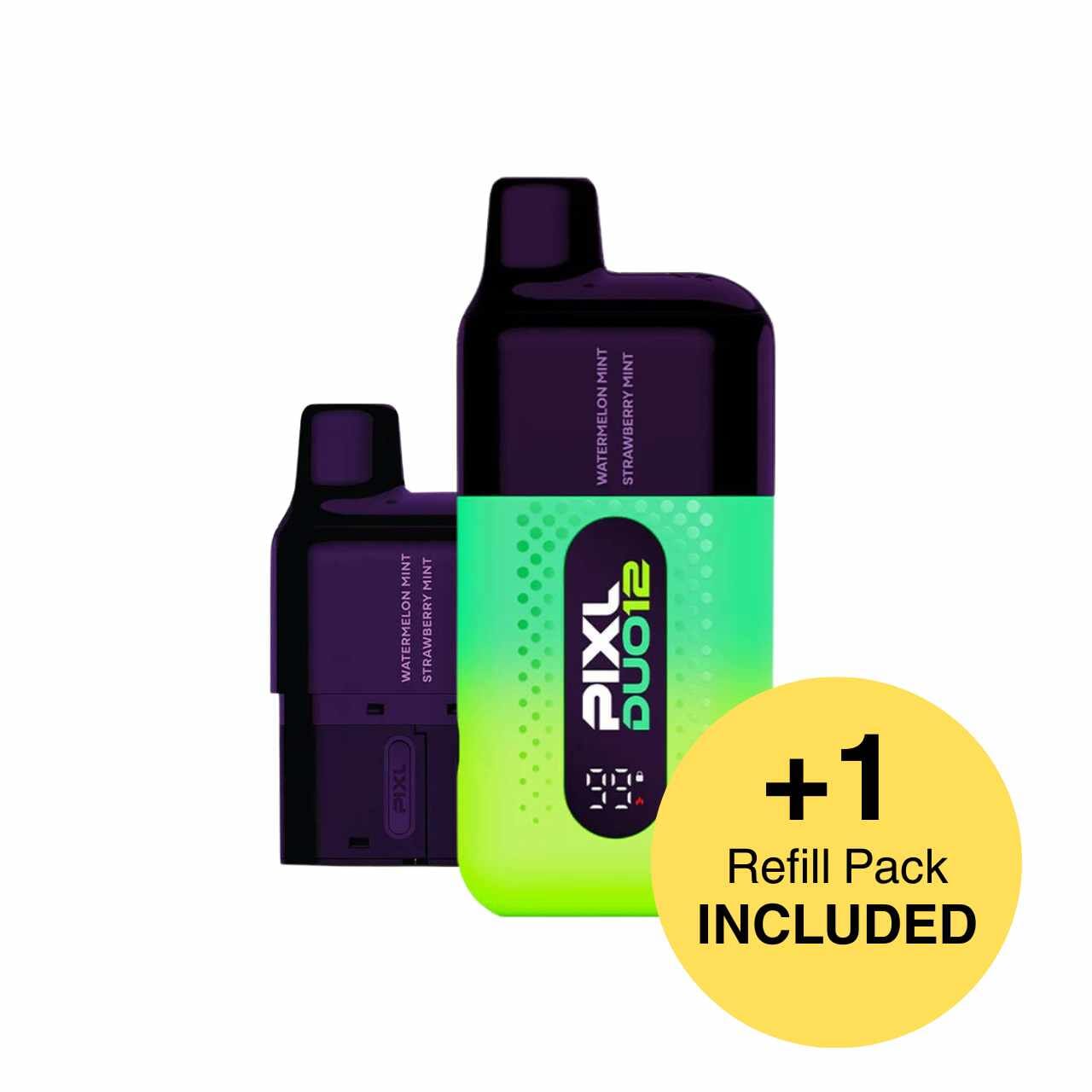 
                  
                    Two vape devices with a green and purple gradient, one larger than the other, on a white background. A yellow circle with text '1 Refill Pack INCLUDED' is also present.
                  
                