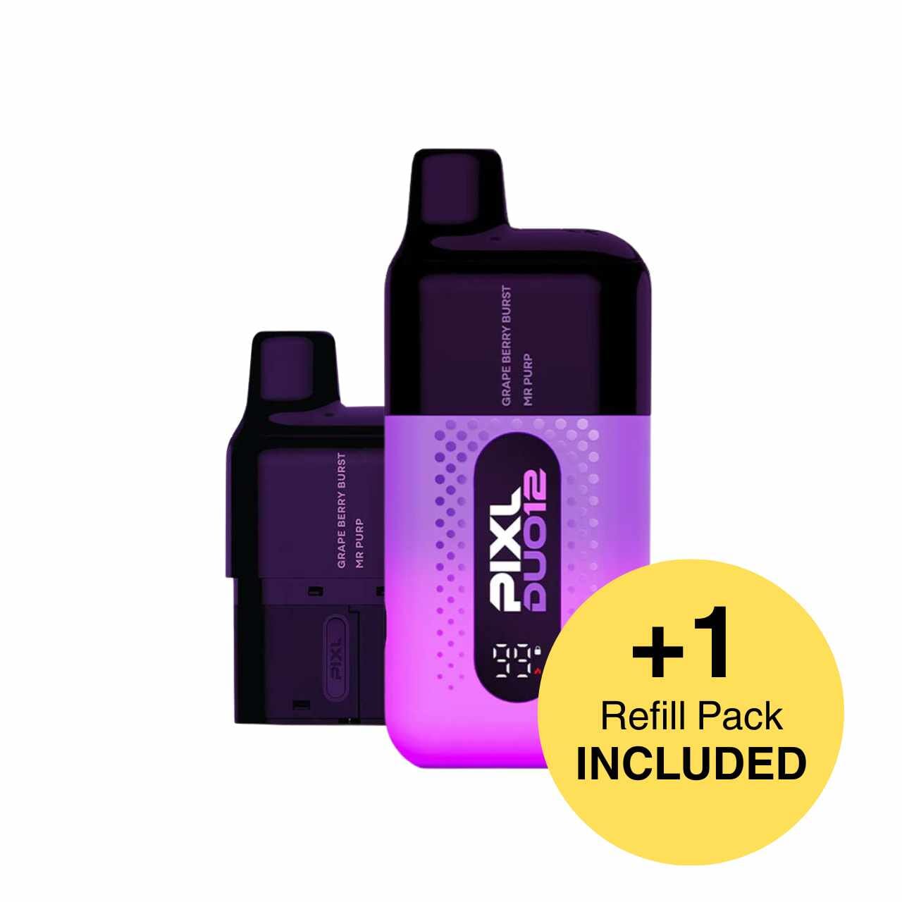 
                  
                    Purple and black device with 'PIXL DUO12' branding and a yellow circle indicating an included refill pack.
                  
                