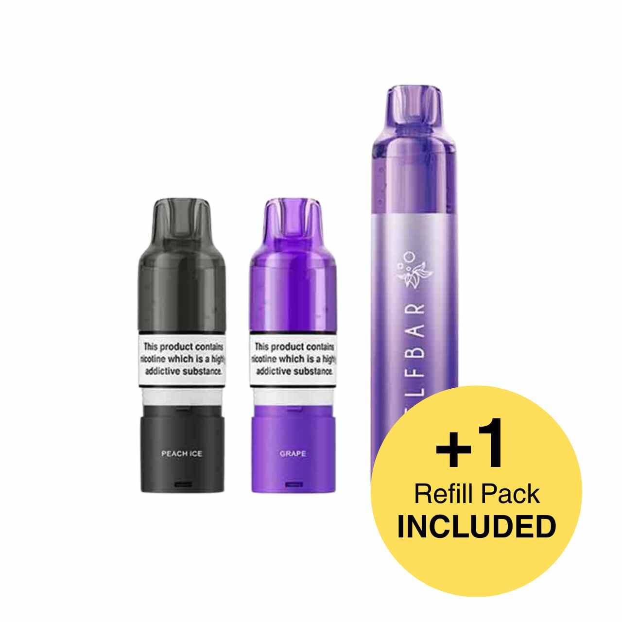 
                  
                    Vape device with accessories and a yellow circle indicating a refill pack included, on a white background.
                  
                