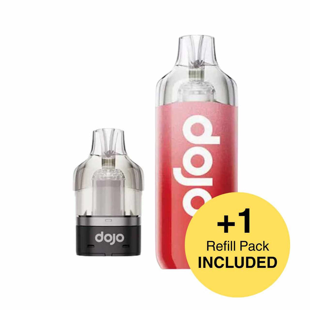 
                  
                    Vape device with red 'dojo' (dojo) branding and a yellow circle indicating a refill pack included on a white background.
                  
                