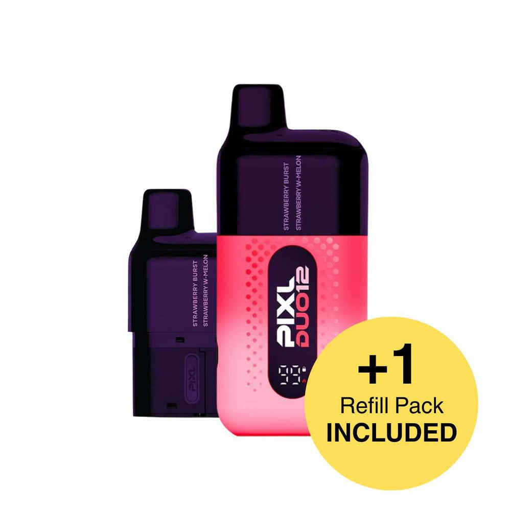 
                  
                    Pink and black electronic device with 'PIXL DUO' branding and a yellow circle indicating a refill pack is included on a white background.
                  
                