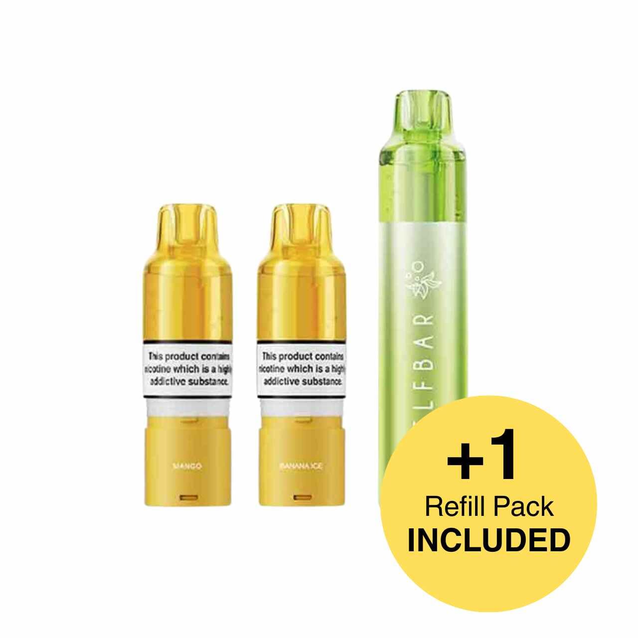 
                  
                    Vape device with two yellow refill packs on a white background
                  
                
