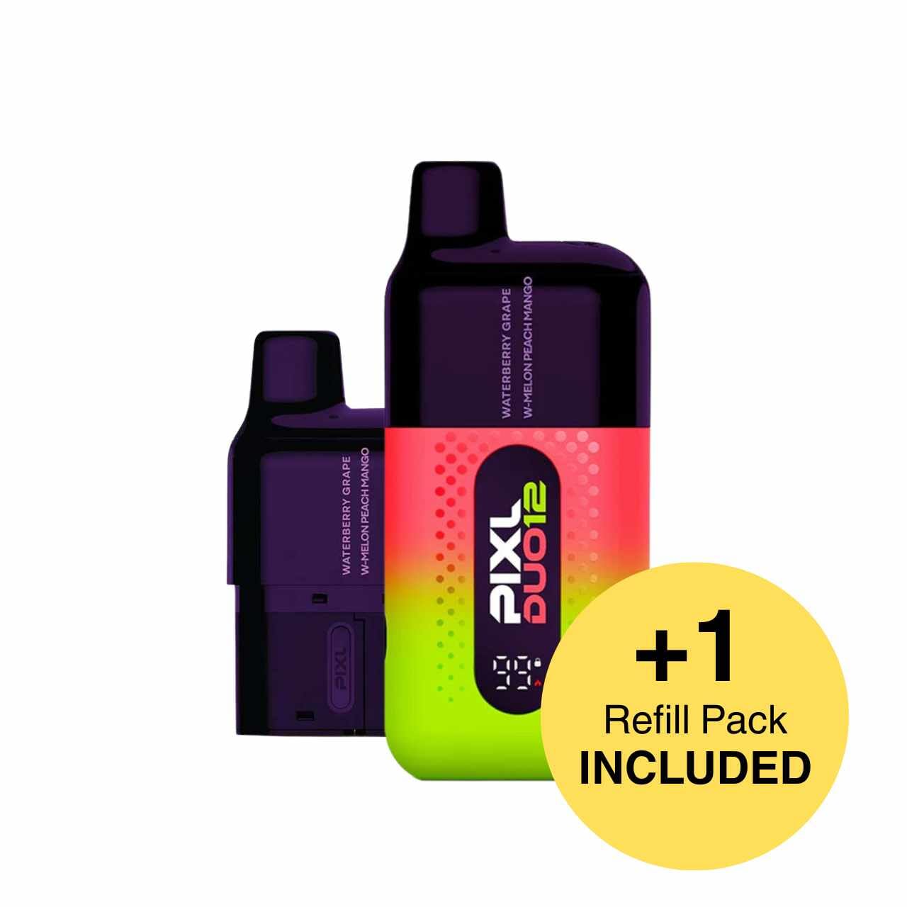 
                  
                    Two vape devices with a yellow circle indicating an included refill pack on a white background
                  
                