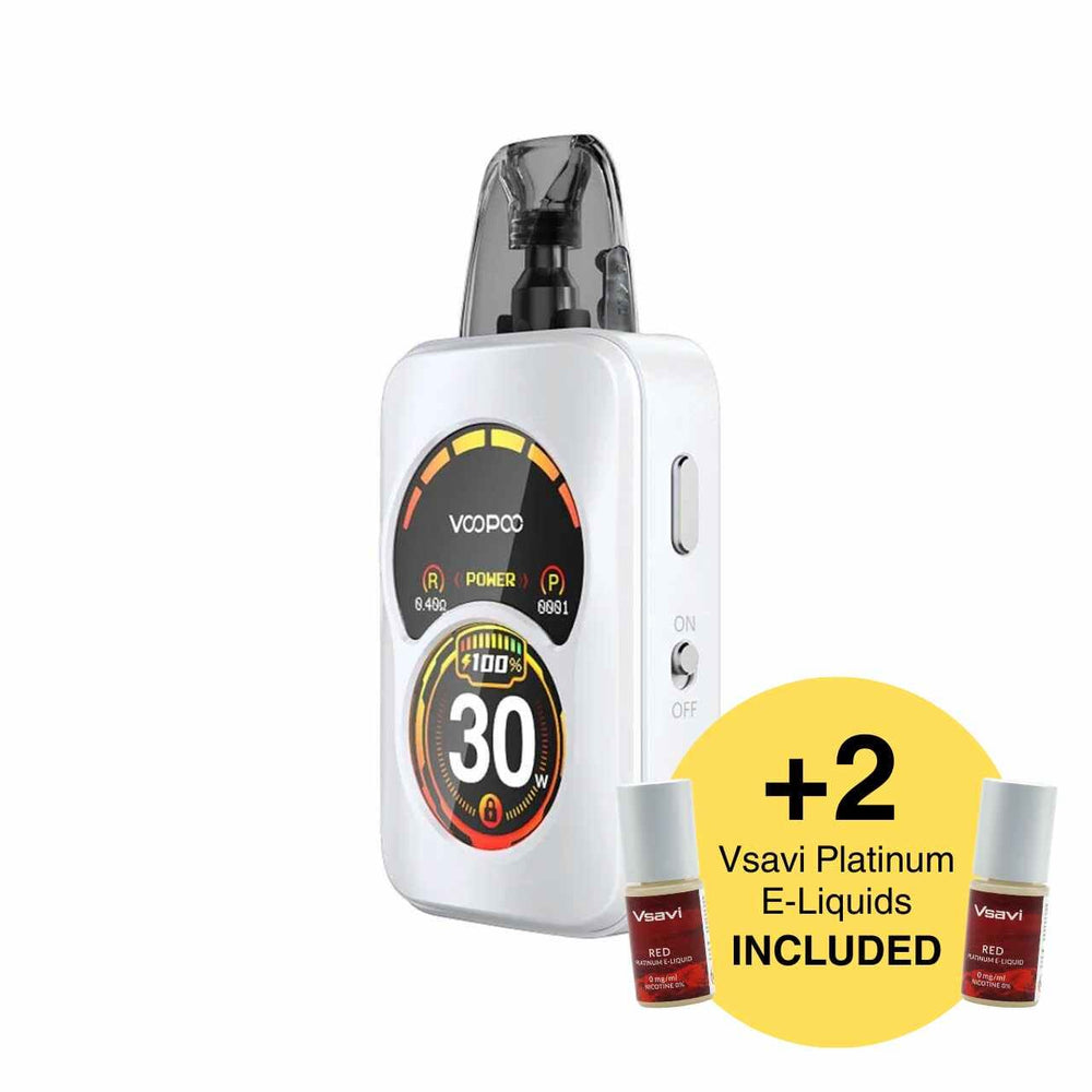 
                  
                    Voopoo Argus A white kit and two Vsavi Platinum vape juice bundle
                  
                