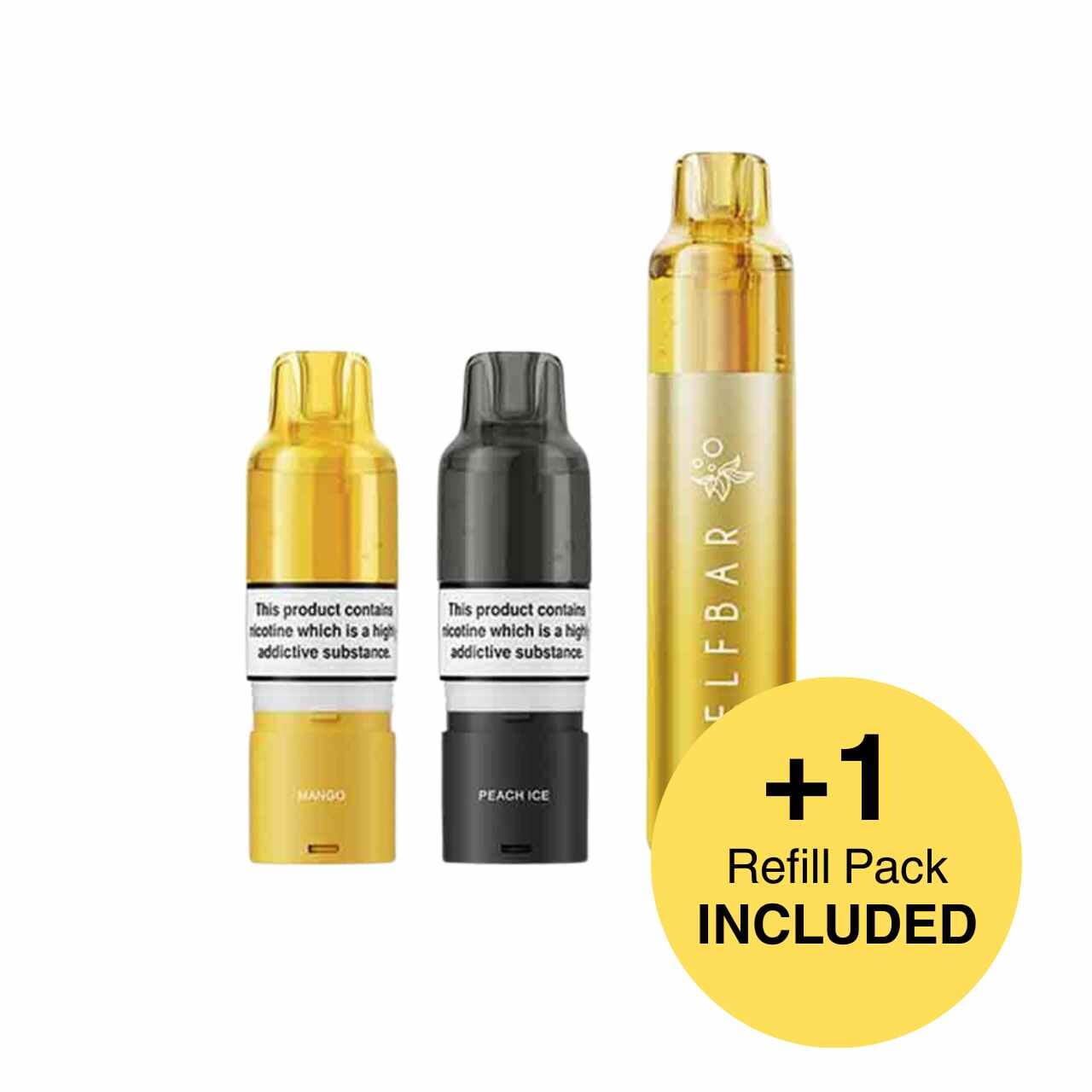 
                  
                    Vape device with three refills and a yellow circle indicating an additional refill pack included, on a white background.
                  
                