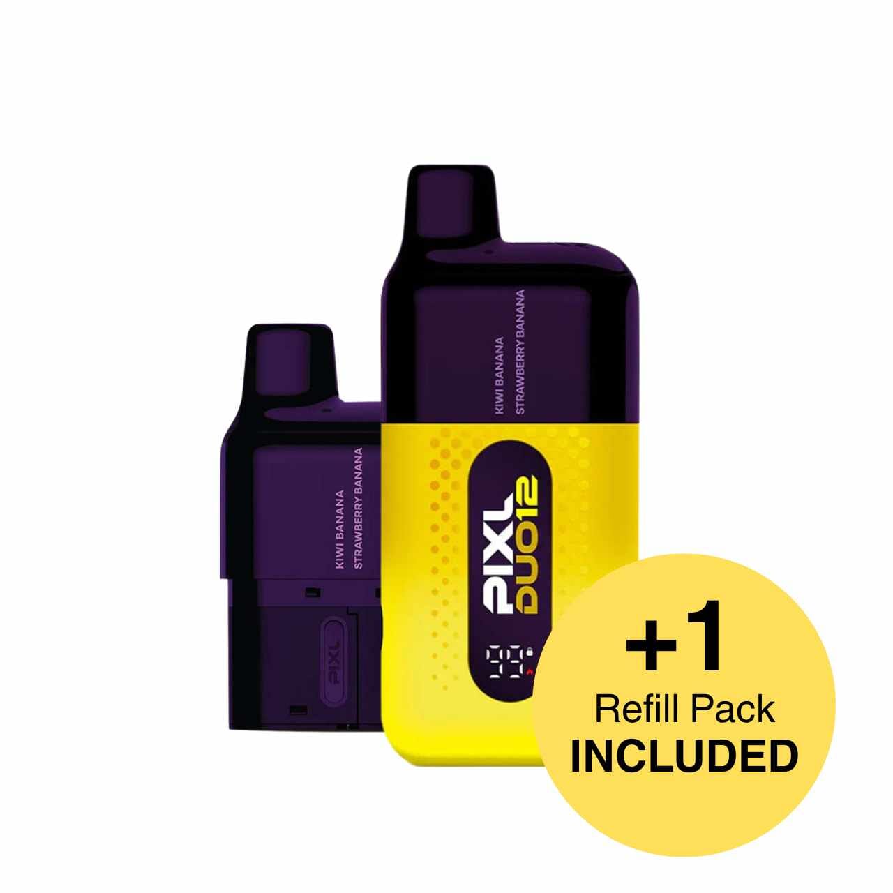 
                  
                    Yellow and purple vape device with 'PIXL DUO' branding and a refill pack included on a white background.
                  
                