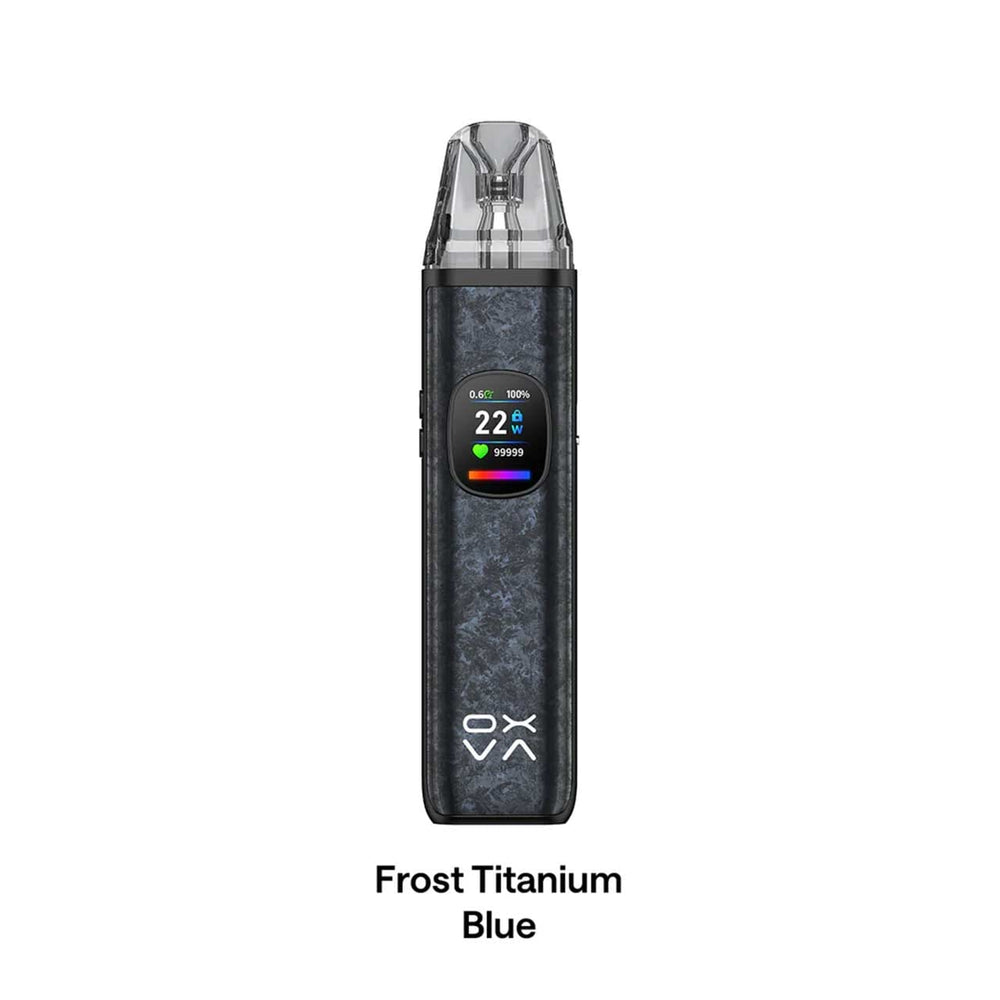 Oxva Xlim Pro 2 DNA frost titanium blue with digital display on a white background, labeled 'Frost Titanium Blue'.
