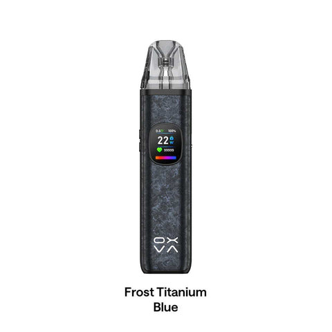 Oxva Xlim Pro 2 DNA frost titanium blue with digital display on a white background, labeled 'Frost Titanium Blue'.
