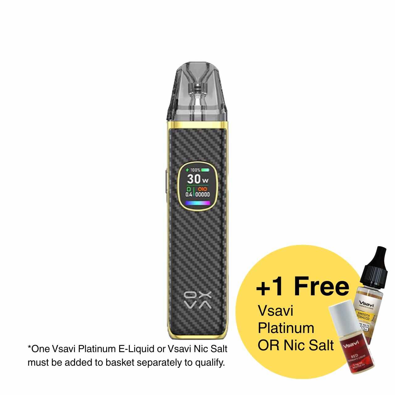 Oxva Xlim Pro 2 and Vape Juice Bundle with carbon fiber design and Vsavi branding on a white background