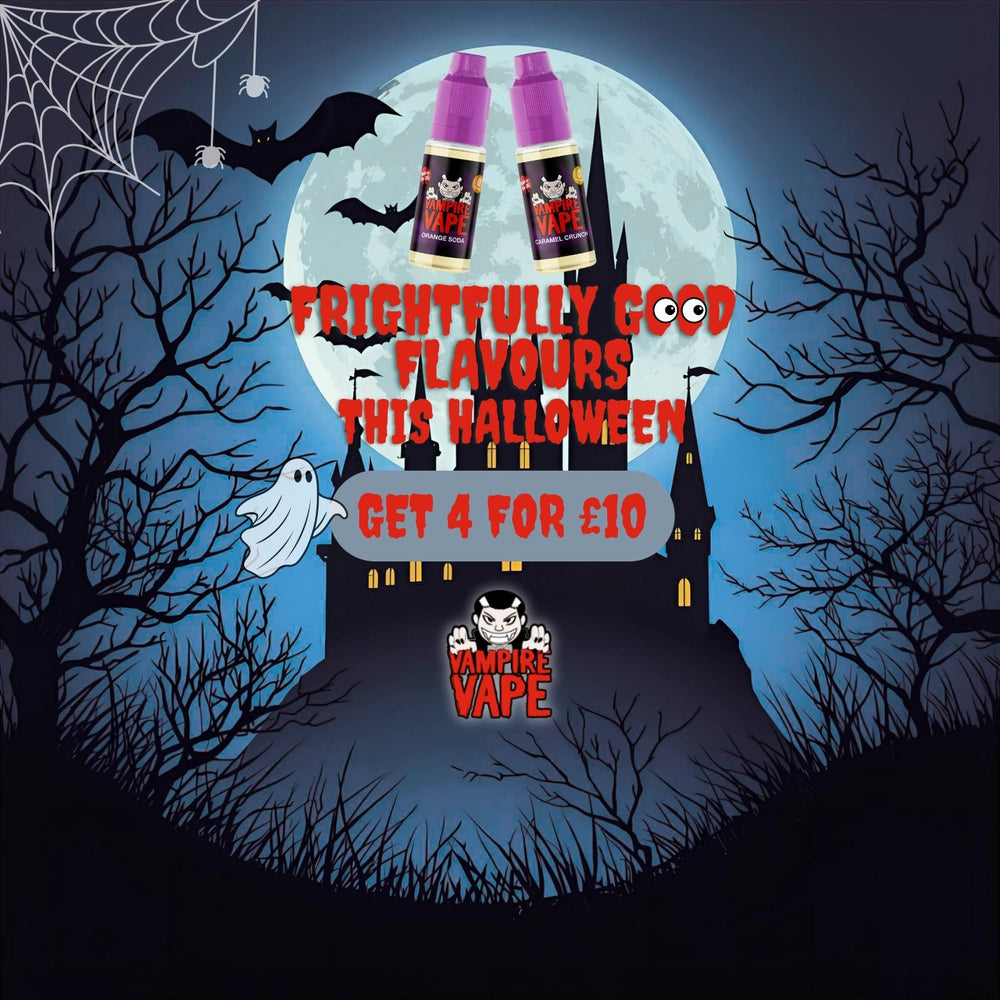 Halloween-themed advertisement for Vampire Vape E-liquid 4 for £10 with a full moon, bats, and ghost.