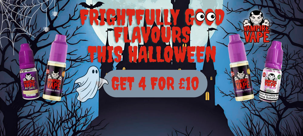 Halloween-themed advertisement for Vampire Vape with vape products 4 for £10