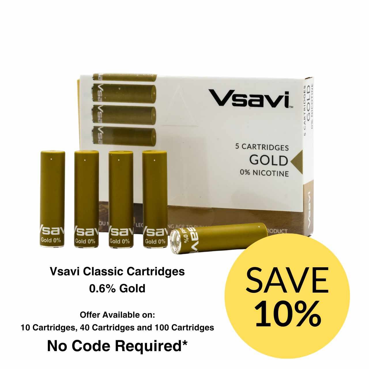 Vsavi Gold Cartridges packaging with promotional offer on a white background