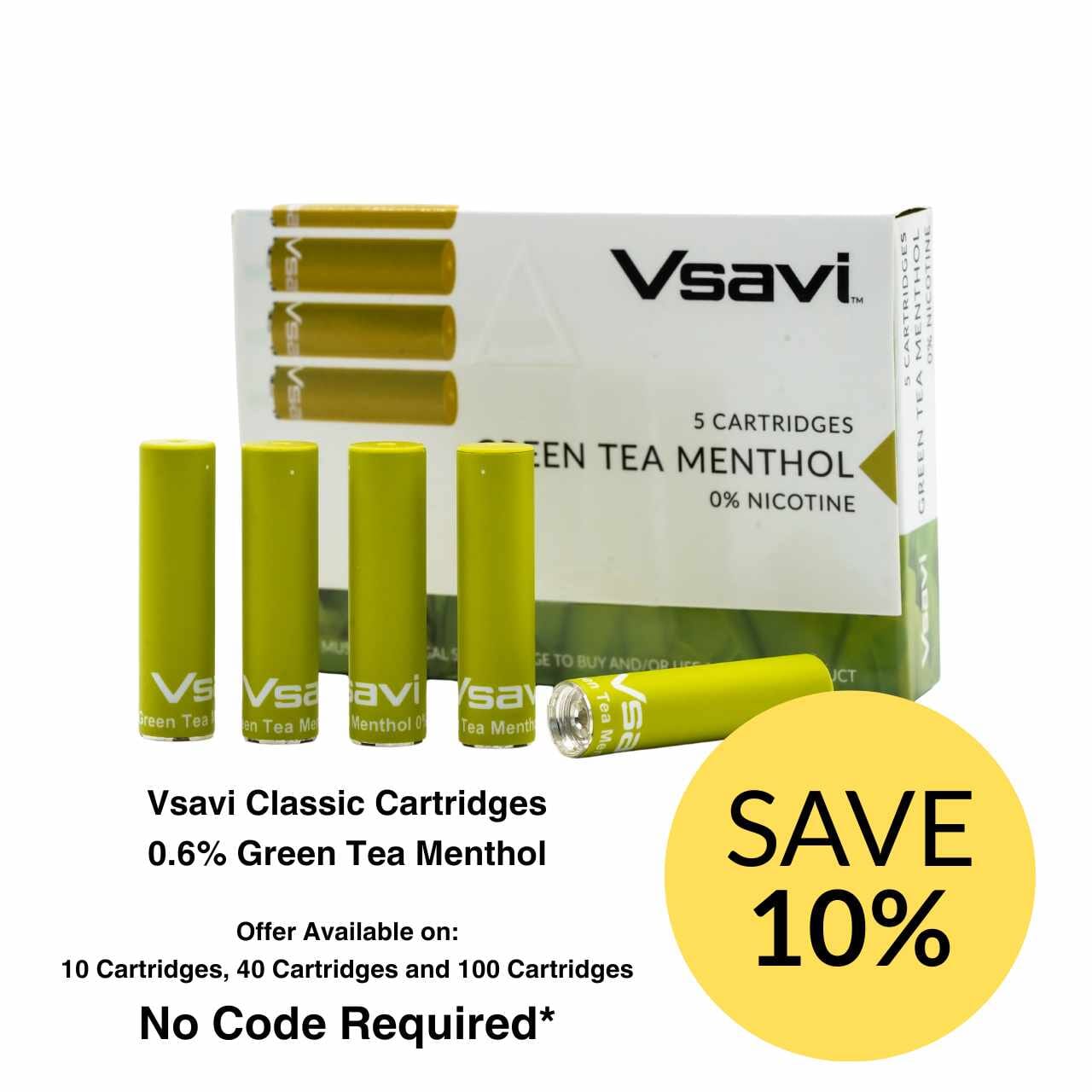 Vsavi Green Tea Menthol Cartridges packaging with promotional offer on a white background