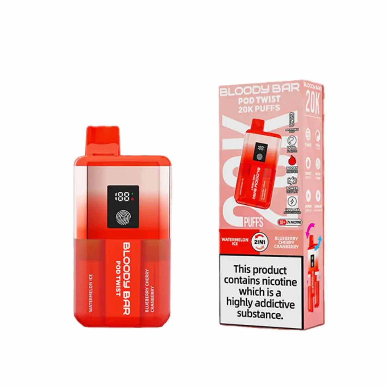 
                  
                    Bloody Bar Ultra Twist 20k watermelon ice and blueberry cherry cranberry white background
                  
                