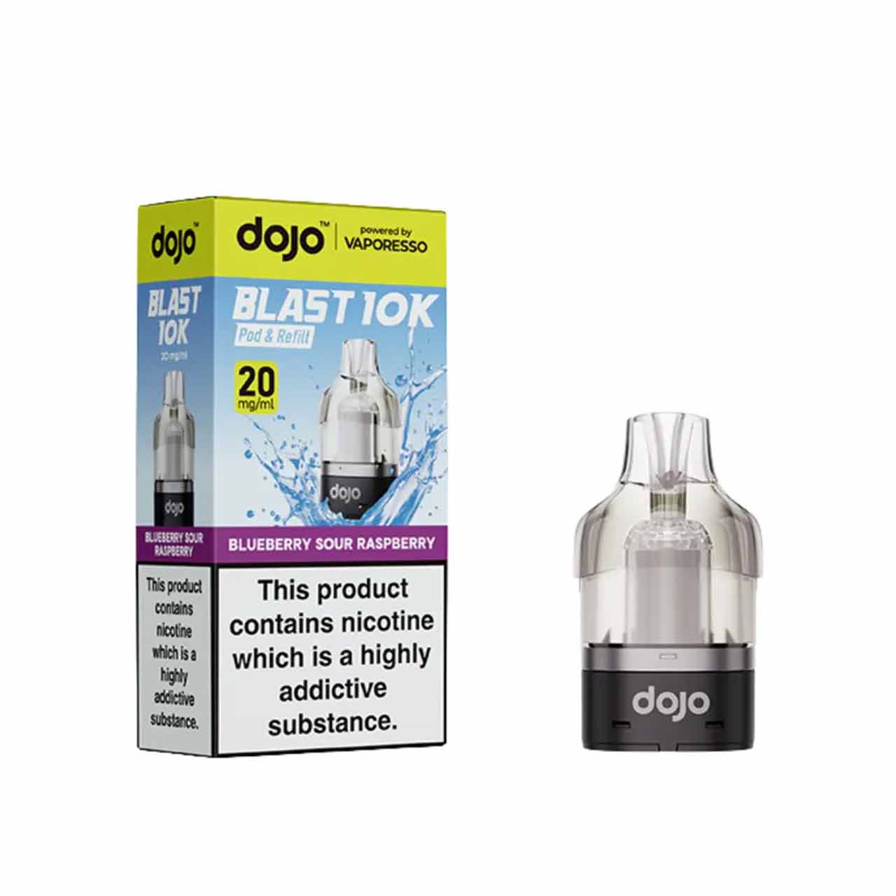 
                  
                    Vaporesso Dojo Blast 10K pod and packaging white background blueberry sour raspberry
                  
                