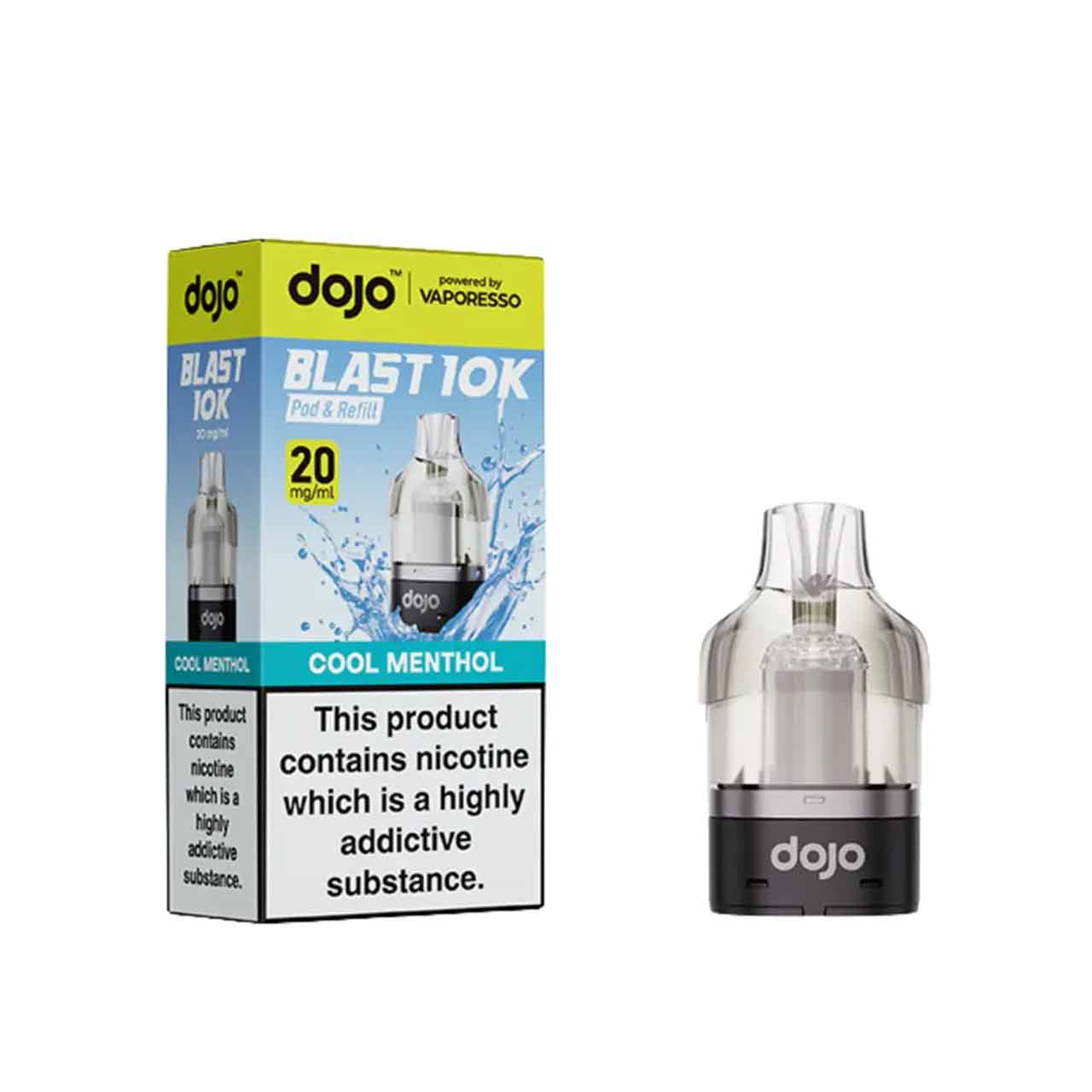 
                  
                    Vaporesso Dojo Blast 10K pod and packaging white background cool menthol
                  
                