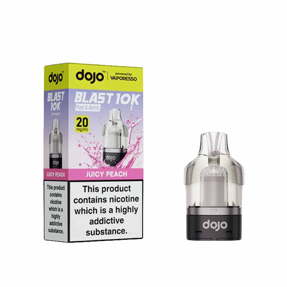 
                  
                    Vaporesso Dojo Blast 10K pod and packaging white background juicy peach
                  
                