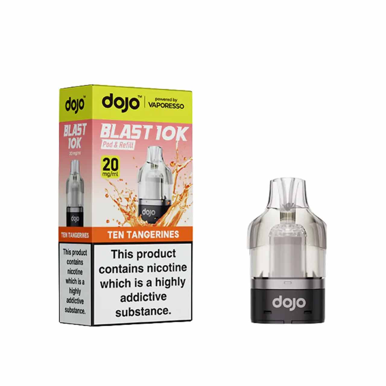 
                  
                    Vaporesso Dojo Blast 10K pod and packaging white background ten tangerines
                  
                