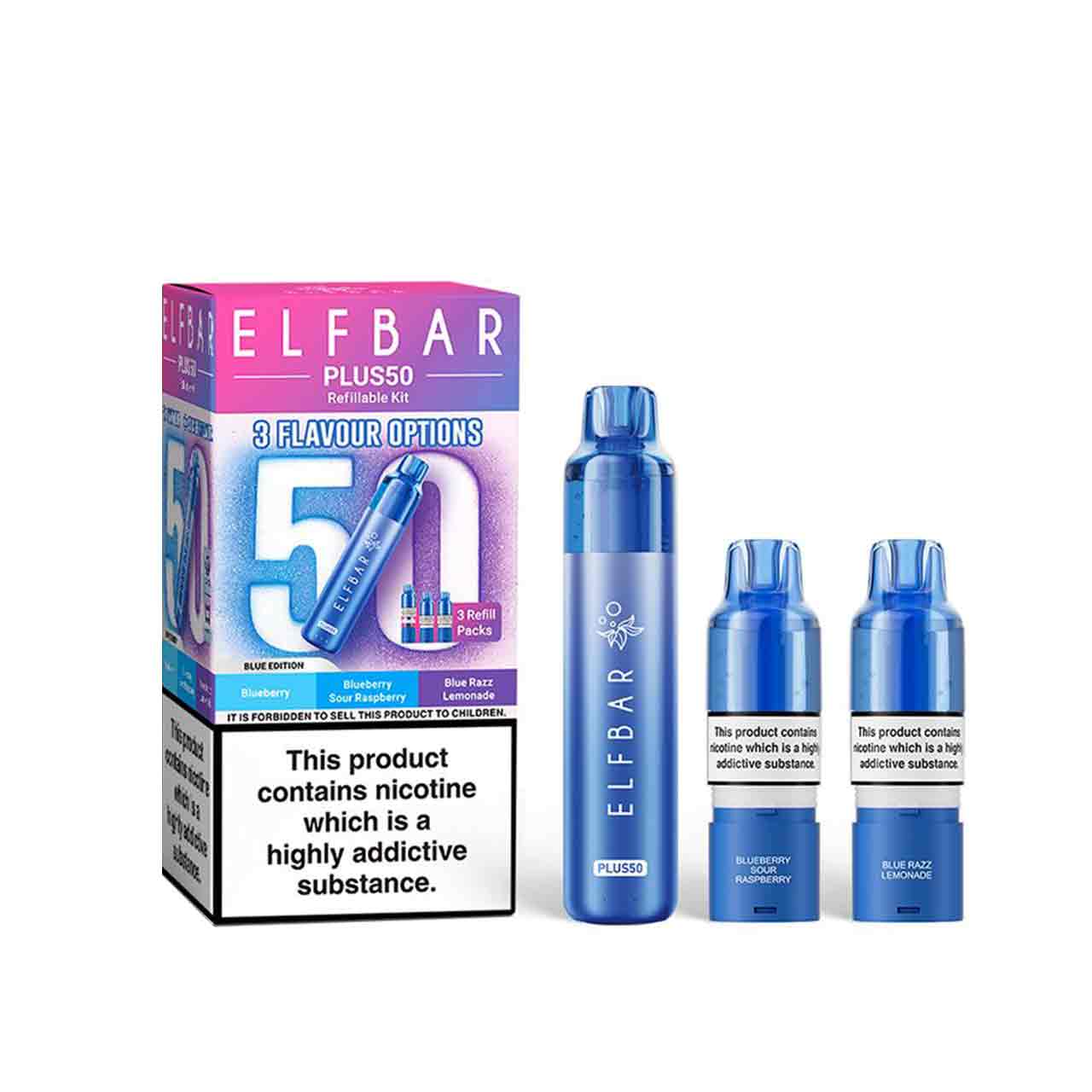 Elf Bar Plus 50 kit, pods and packaging white background blue edition