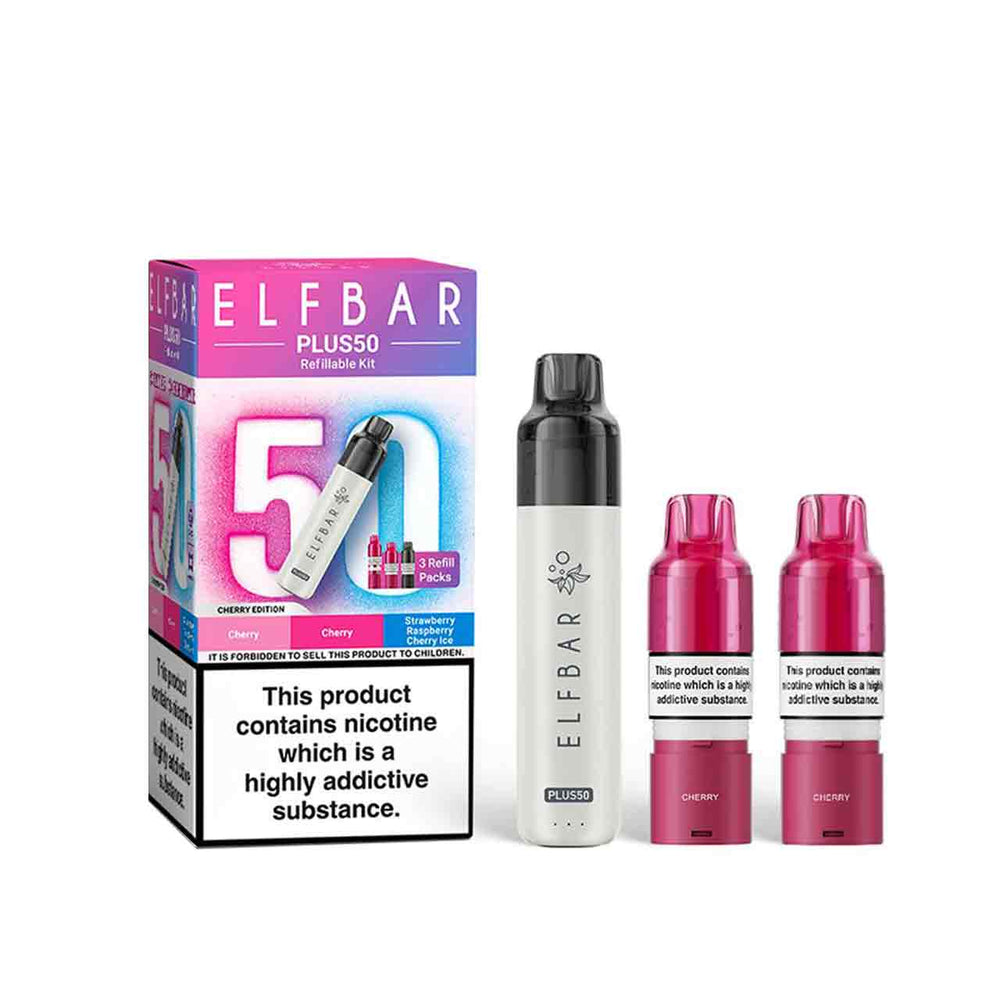 Elf Bar Plus 50 kit, pods and packaging white background cherry edition