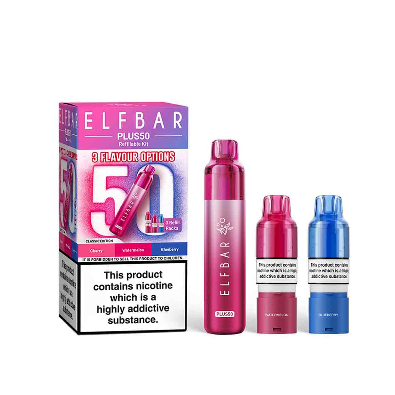 
                  
                    Elf Bar Plus 50 kit, pods and packaging white background classic edition
                  
                