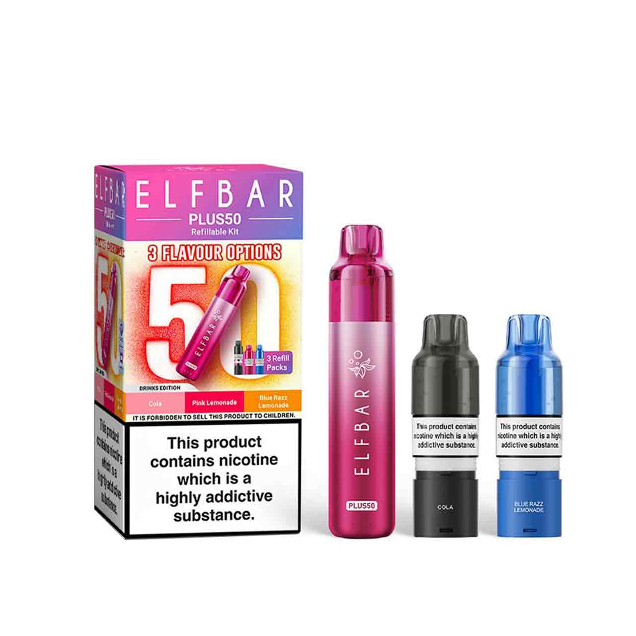 
                  
                    Elf Bar Plus 50 kit, pods and packaging white background drinks edition
                  
                