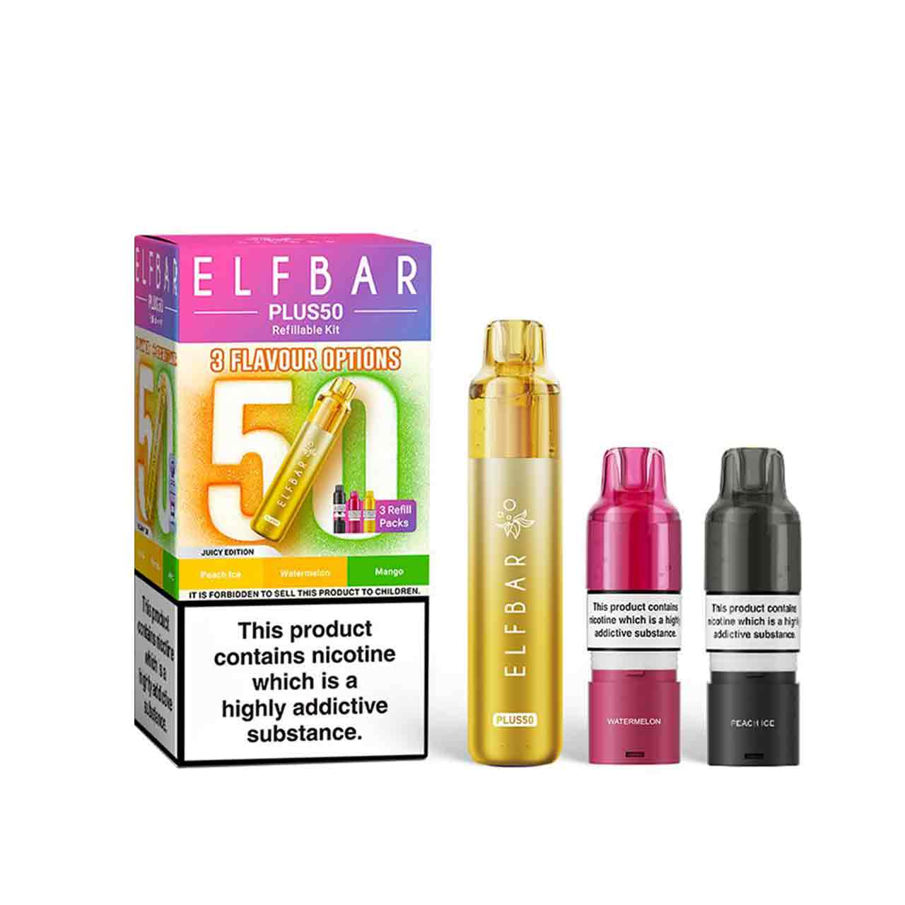 
                  
                    Elf Bar Plus 50 kit, pods and packaging white background juicy edition
                  
                