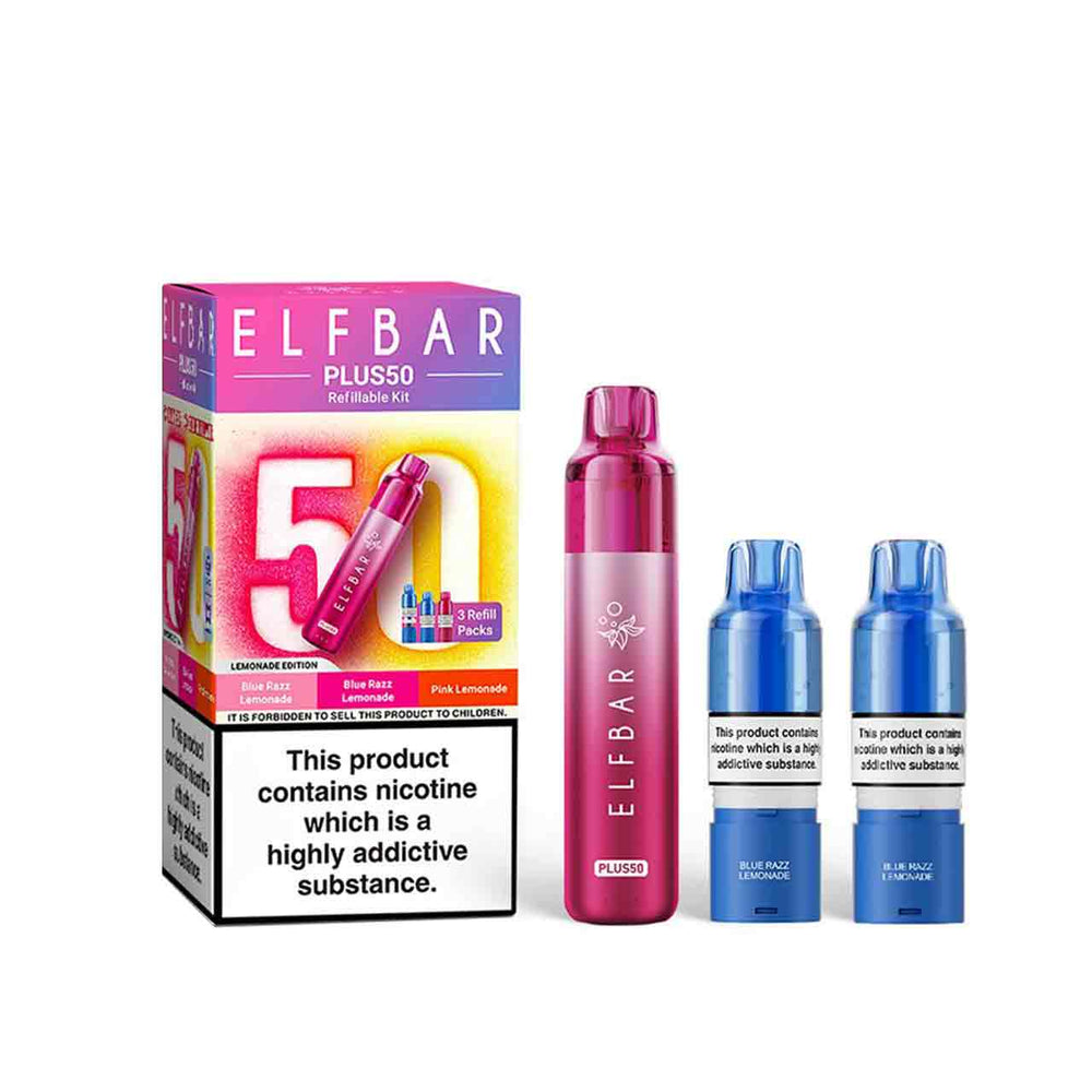 
                  
                    Elf Bar Plus 50 kit, pods and packaging white background lemonade edition
                  
                
