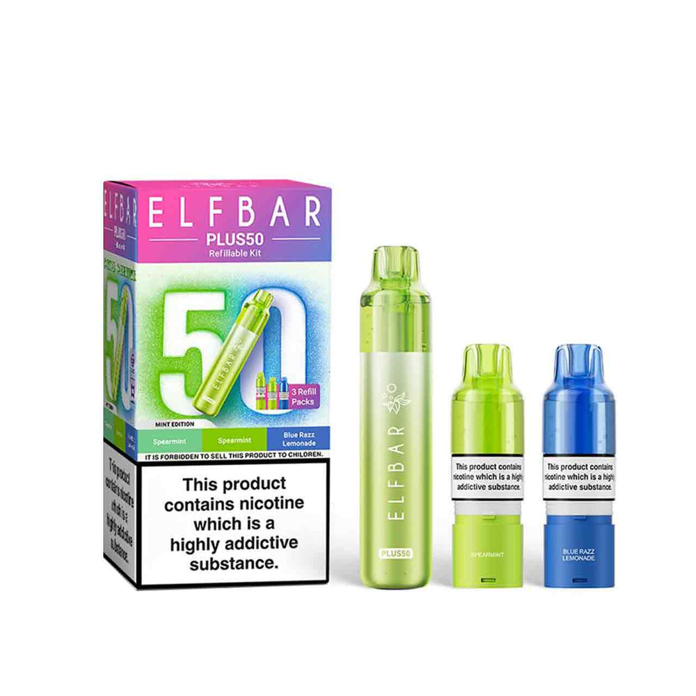 
                  
                    Elf Bar Plus 50 kit, pods and packaging white background mint edition
                  
                