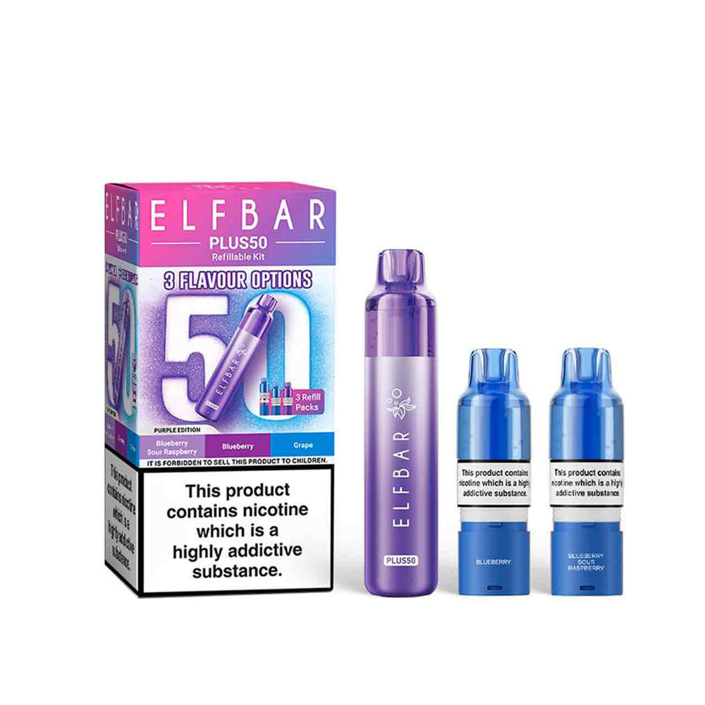 
                  
                    Elf Bar Plus 50 kit, pods and packaging white background purple edition
                  
                