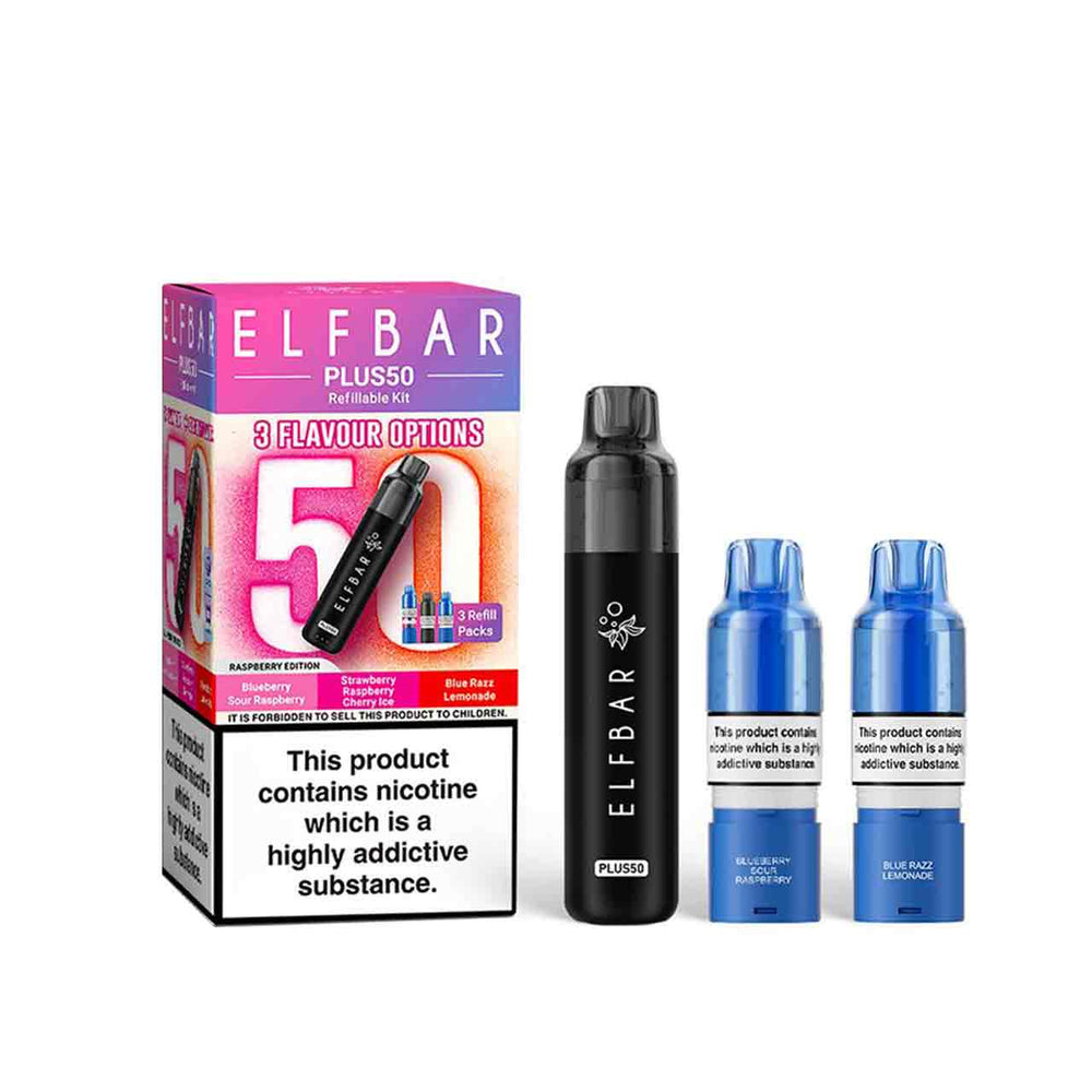 
                  
                    Elf Bar Plus 50 kit, pods and packaging white background raspberry edition
                  
                