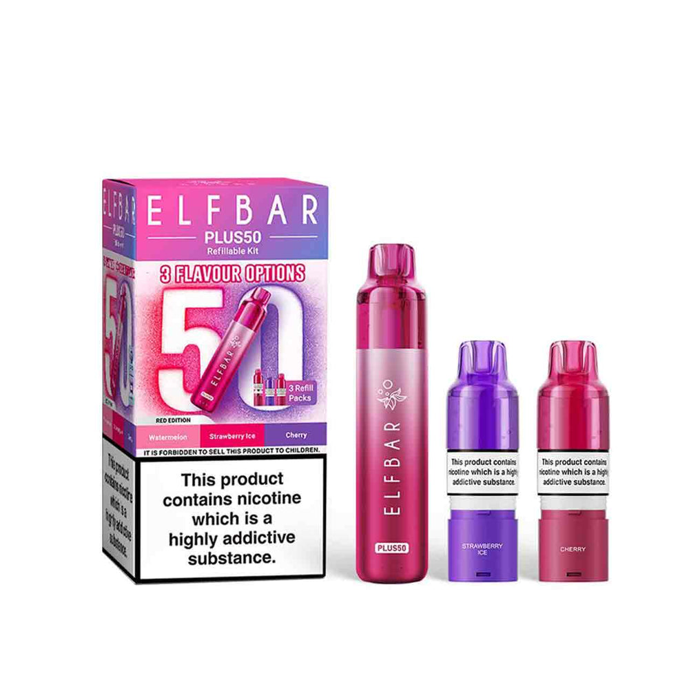 
                  
                    Elf Bar Plus 50 kit, pods and packaging white background red edition
                  
                