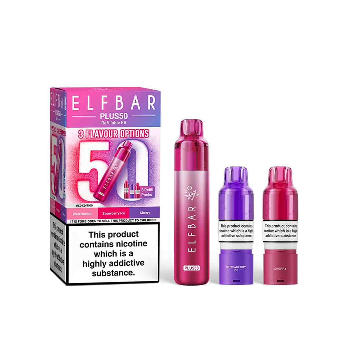 
                  
                    Elf Bar Plus 50 kit, pods and packaging white background red edition
                  
                
