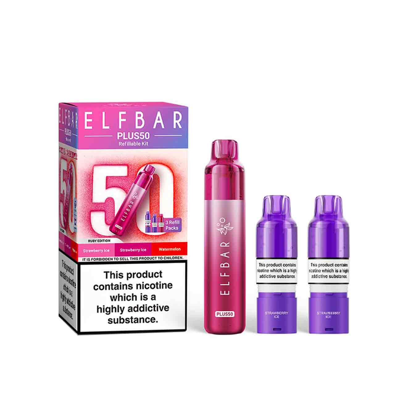 
                  
                    Elf Bar Plus 50 kit, pods and packaging white background ruby edition
                  
                