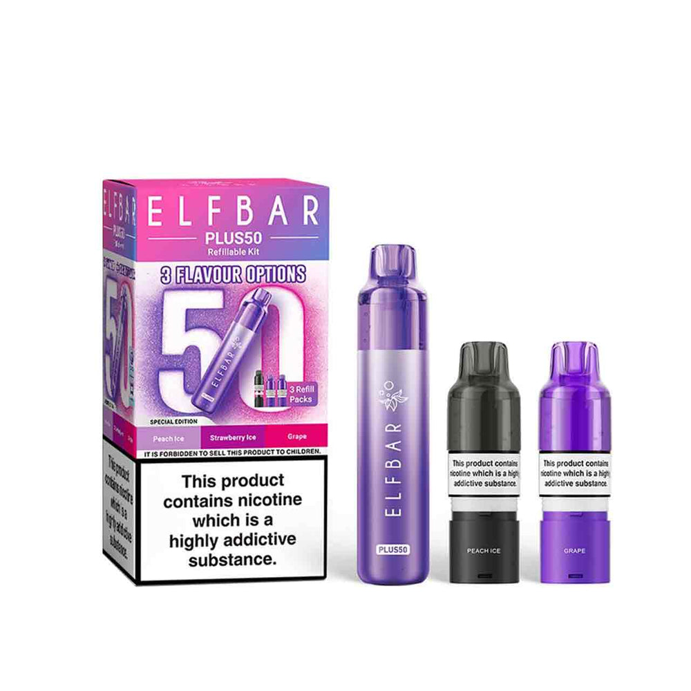 
                  
                    Elf Bar Plus 50 kit, pods and packaging white background special edition
                  
                