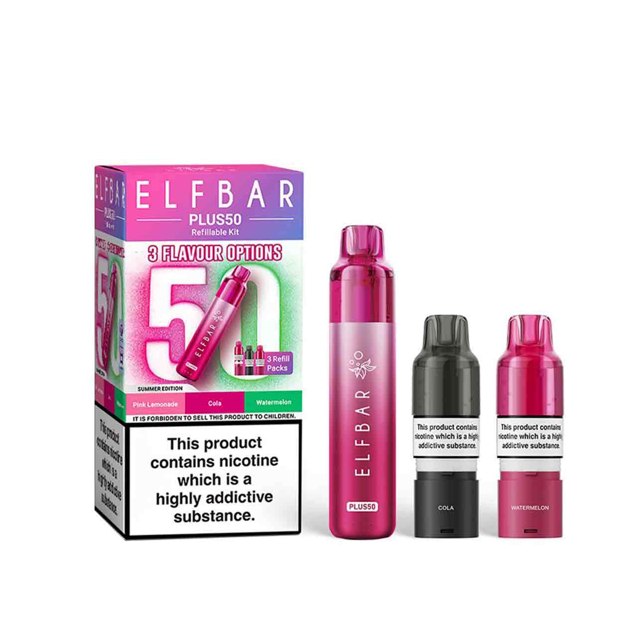 
                  
                    Elf Bar Plus 50 kit, pods and packaging white background summer edition
                  
                