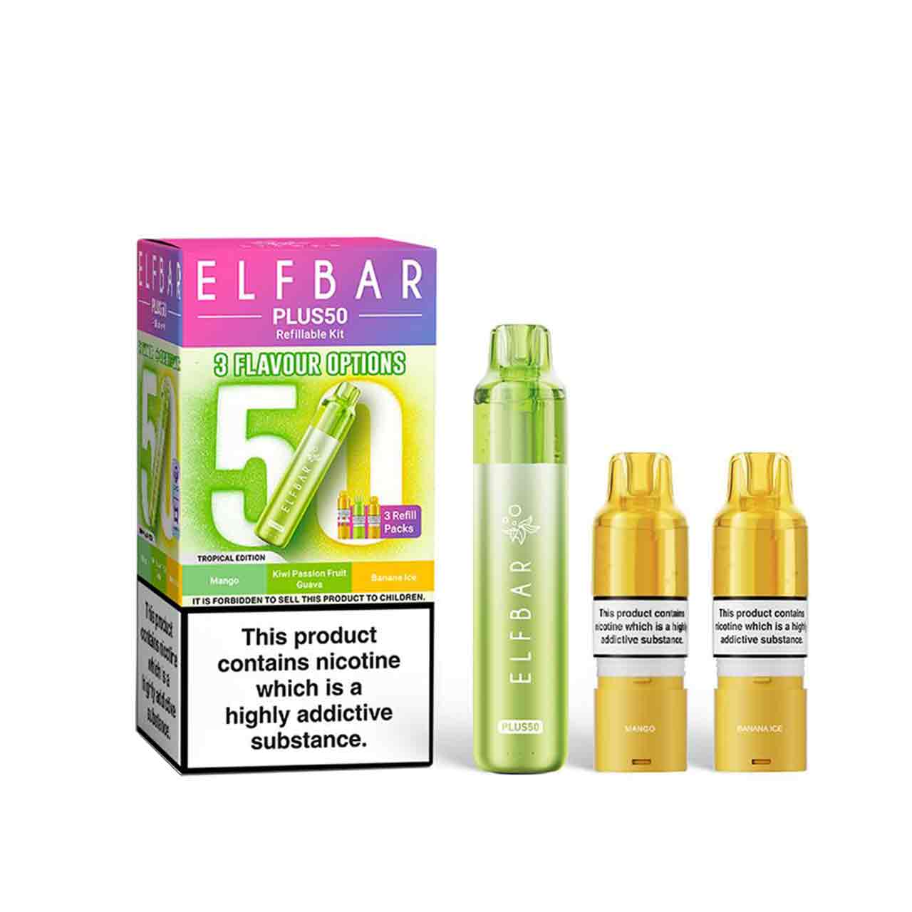 
                  
                    Elf Bar Plus 50 kit, pods and packaging white background tropical edition
                  
                