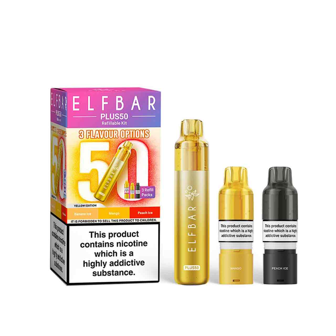 
                  
                    Elf Bar Plus 50 kit, pods and packaging white background yellow edition
                  
                