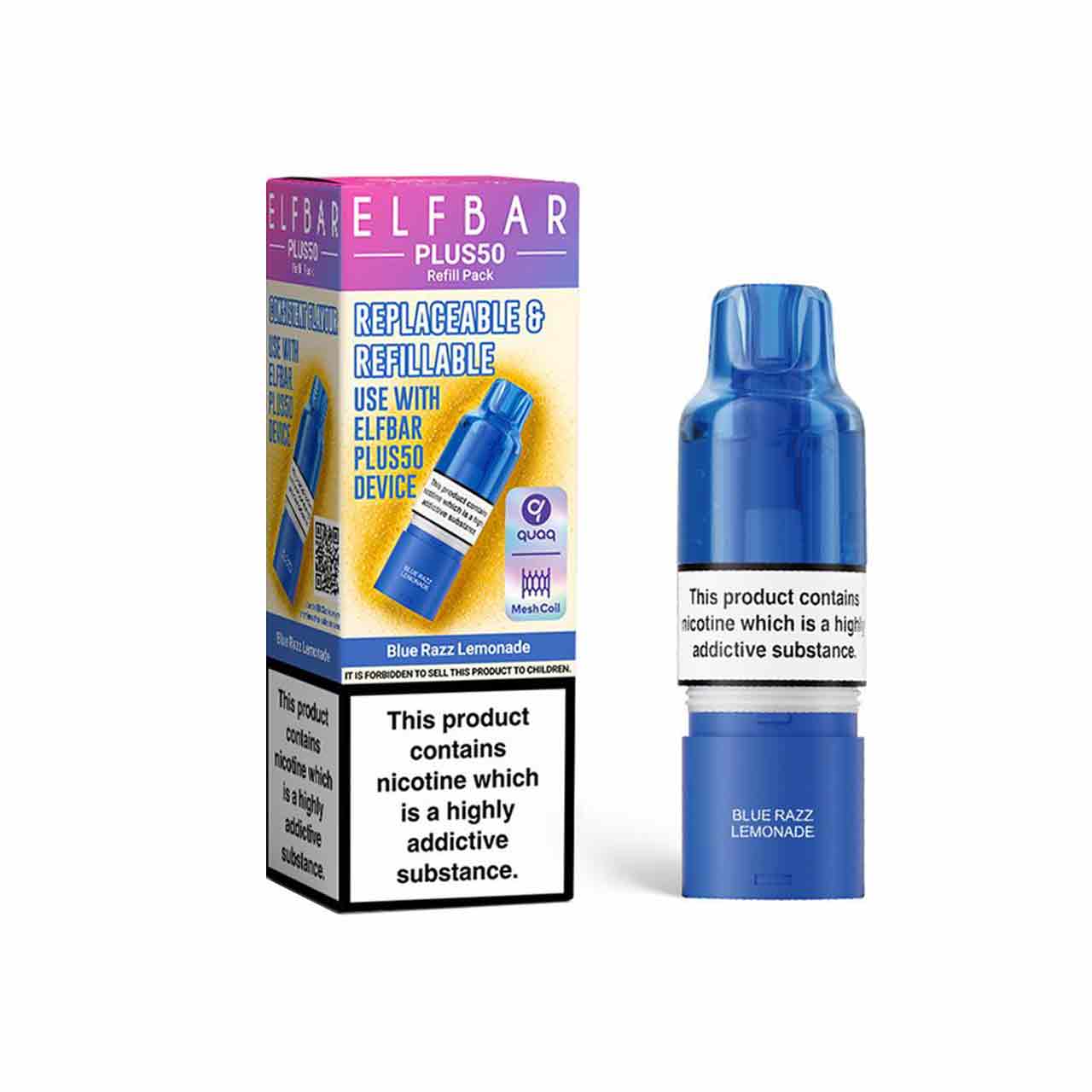 
                  
                    Elf Bar Plus 50 refill pod and packaging white background blue razz lemonade
                  
                