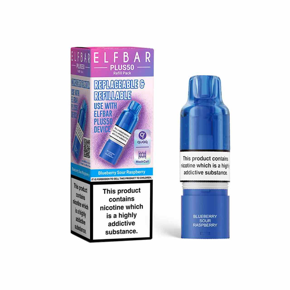 
                  
                    Elf Bar Plus 50 refill pod and packaging white background blueberry sour raspberry
                  
                