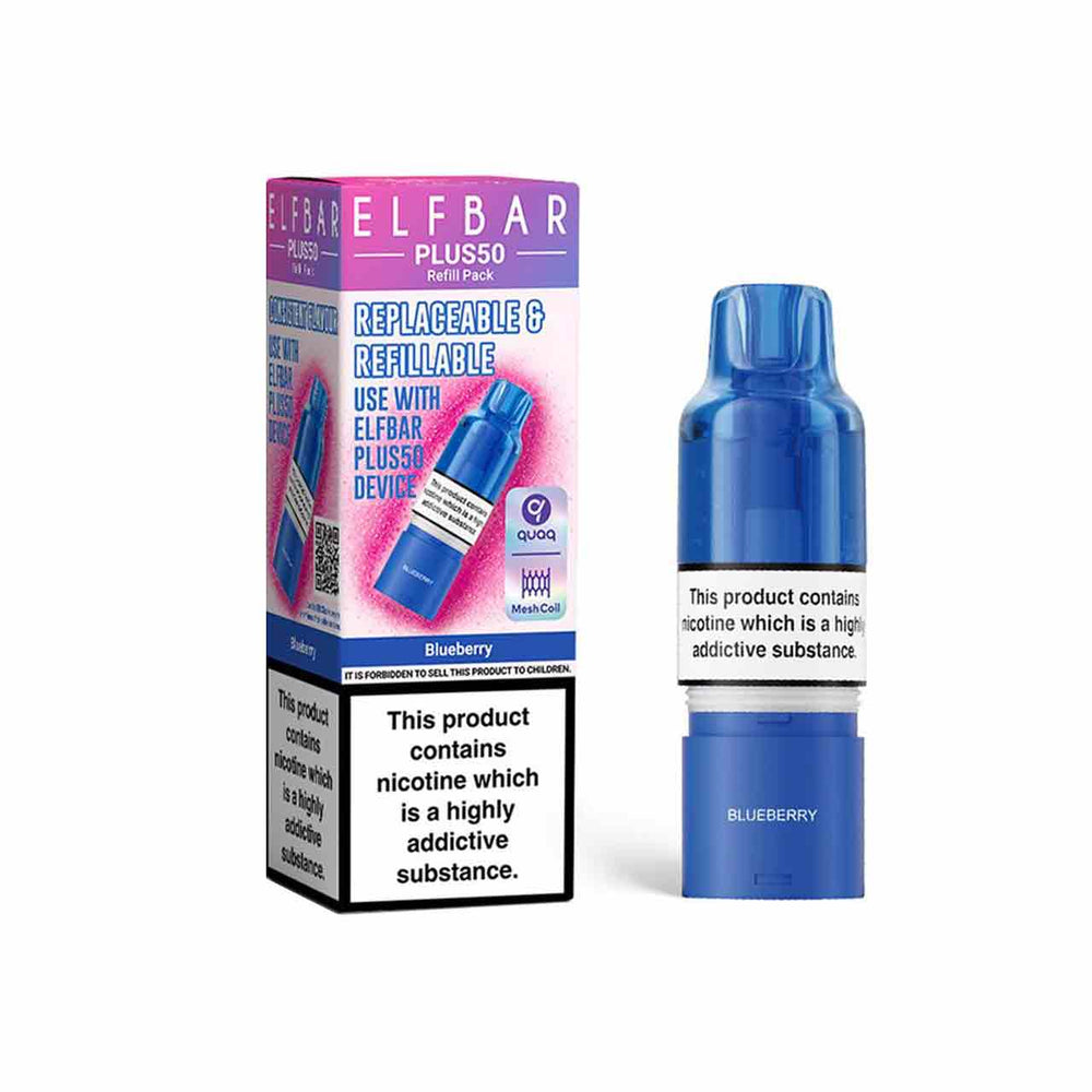
                  
                    Elf Bar Plus 50 refill pod and packaging white background blueberry
                  
                