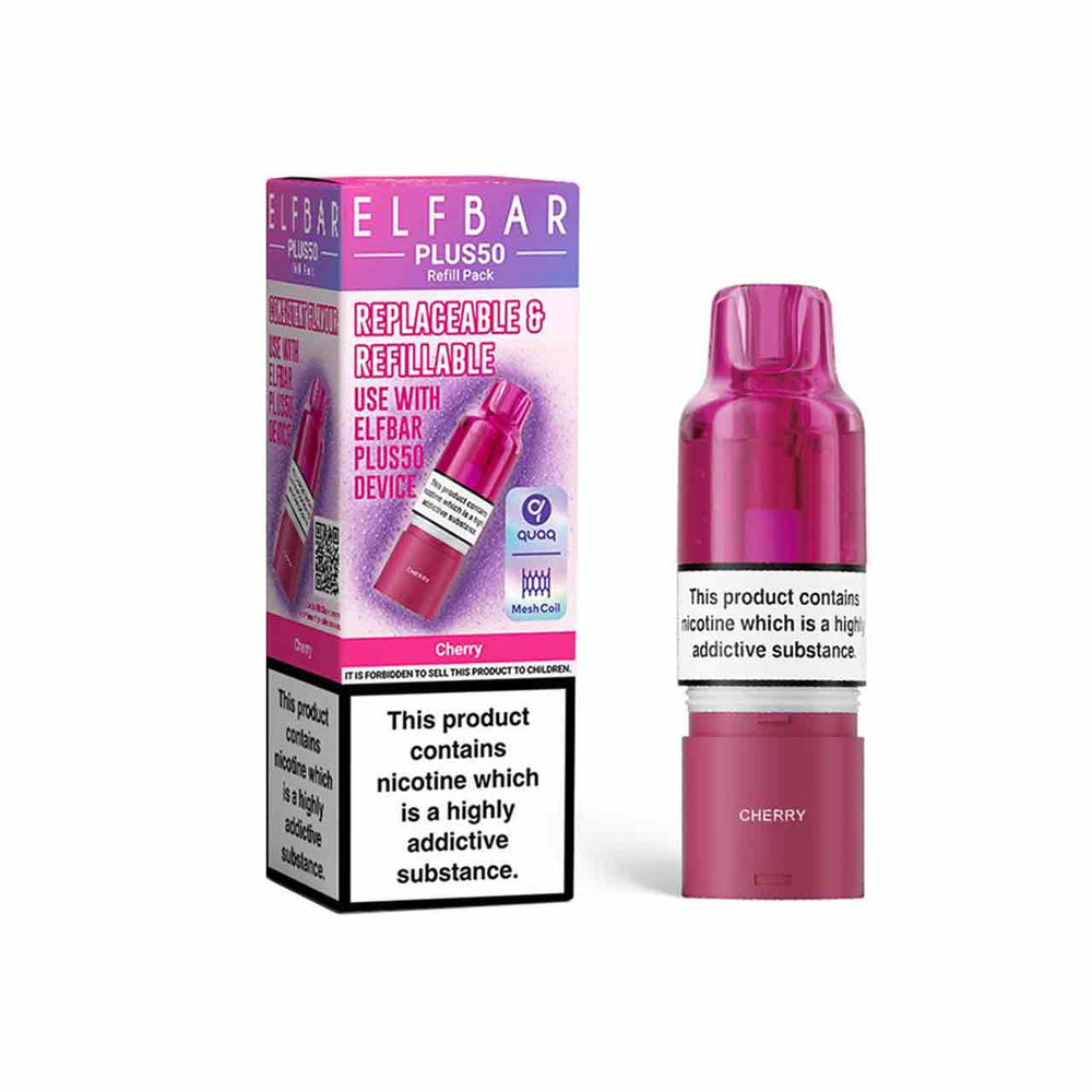 
                  
                    Elf Bar Plus 50 refill pod and packaging white background cherry
                  
                