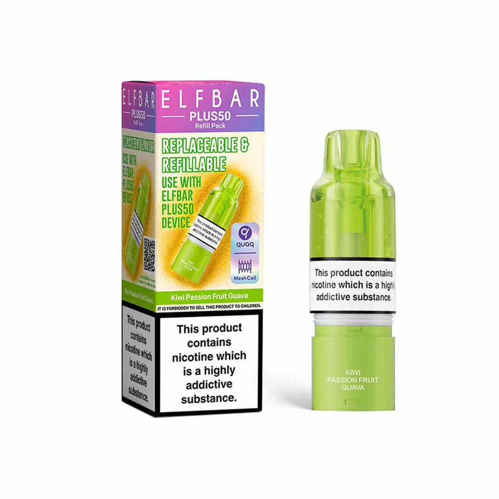 
                  
                    Elf Bar Plus 50 refill pod and packaging white background kiwi passion fruit guava
                  
                