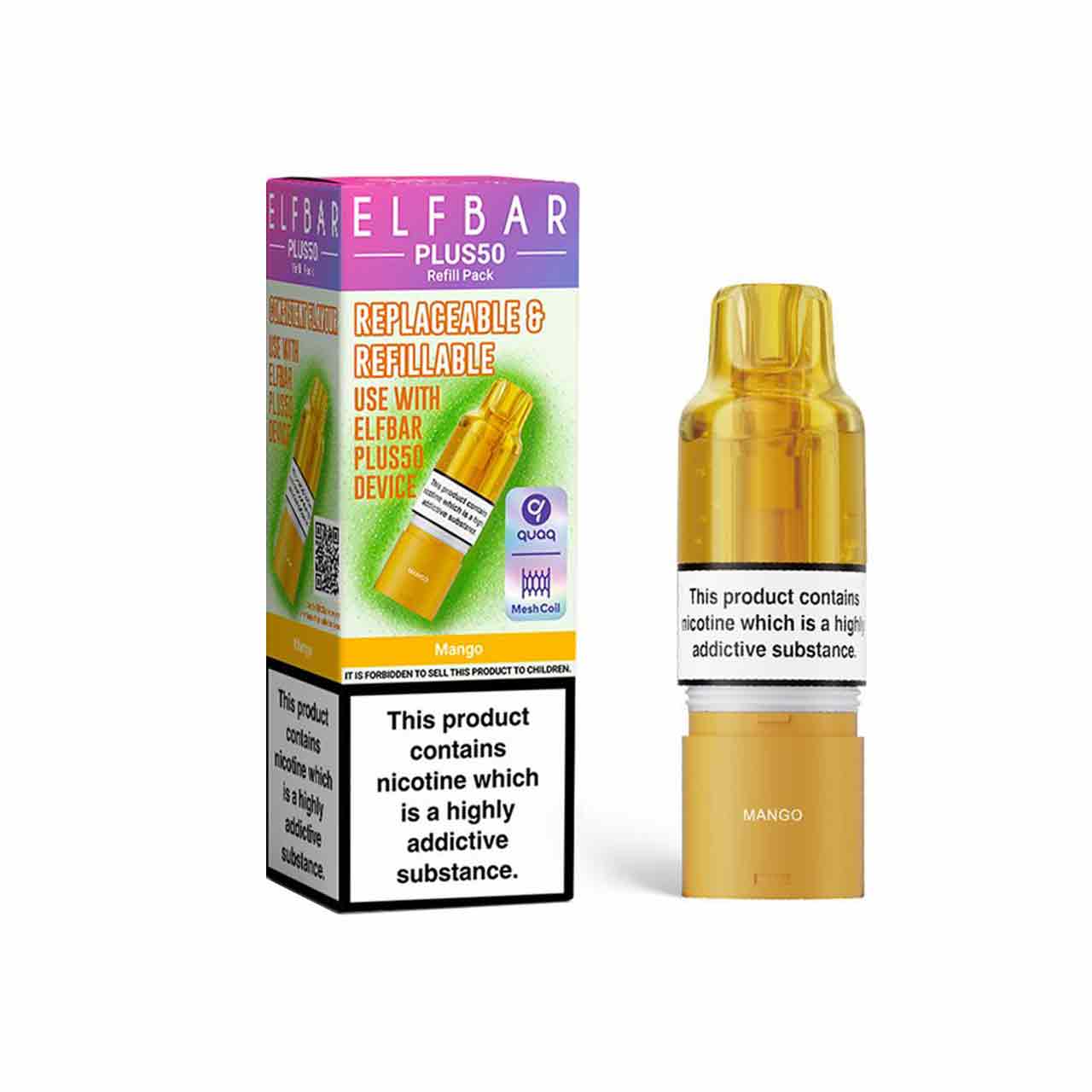 
                  
                    Elf Bar Plus 50 refill pod and packaging white background mango
                  
                