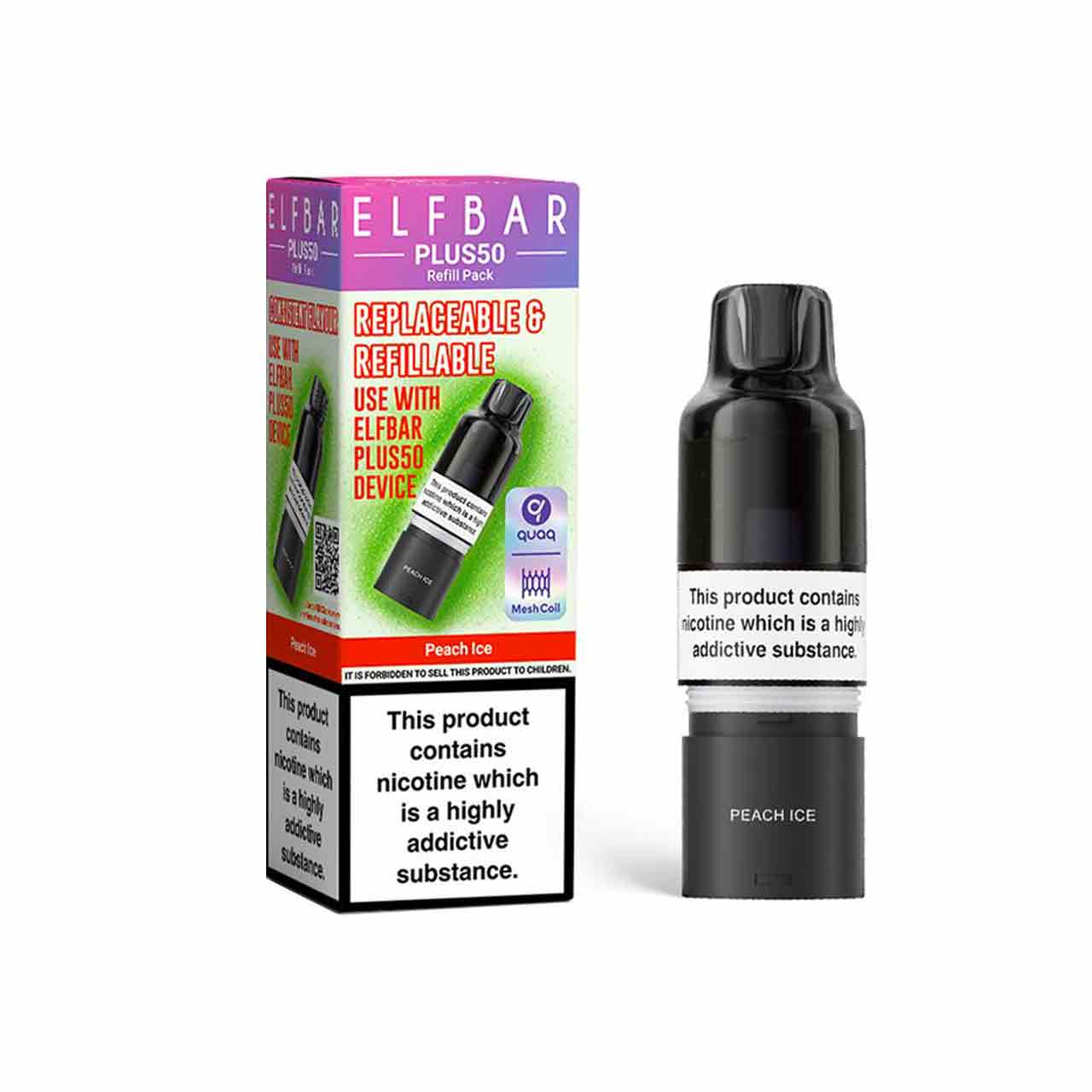 
                  
                    Elf Bar Plus 50 refill pod and packaging white background peach ice
                  
                