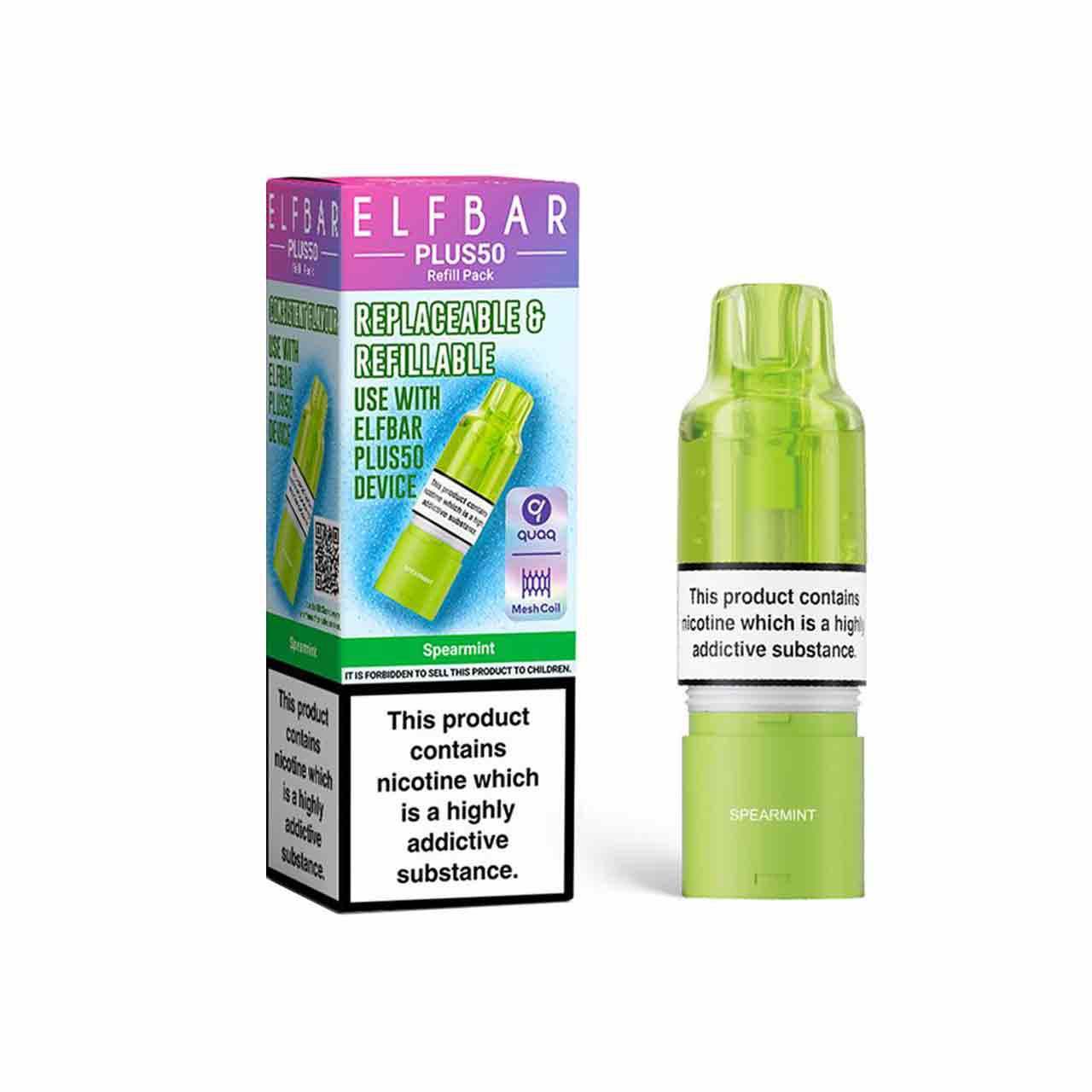 
                  
                    Elf Bar Plus 50 refill pod and packaging white background spearmint
                  
                