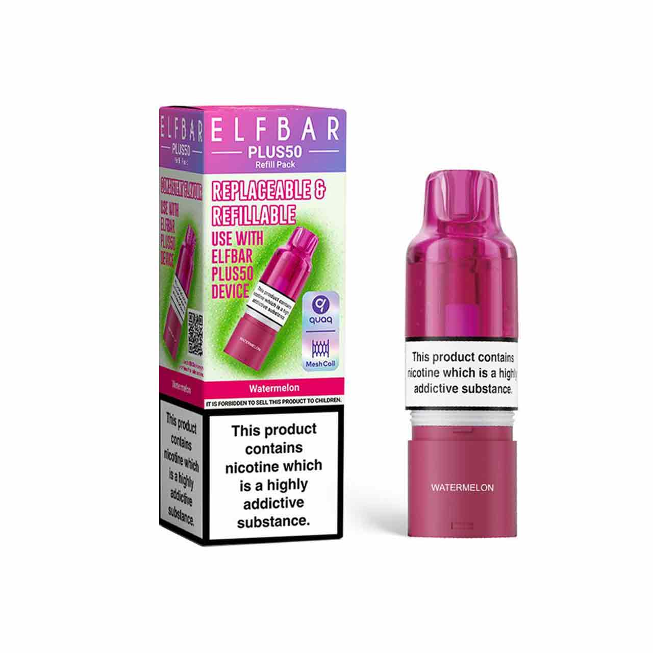 
                  
                    Elf Bar Plus 50 refill pod and packaging white background watermelon ice
                  
                