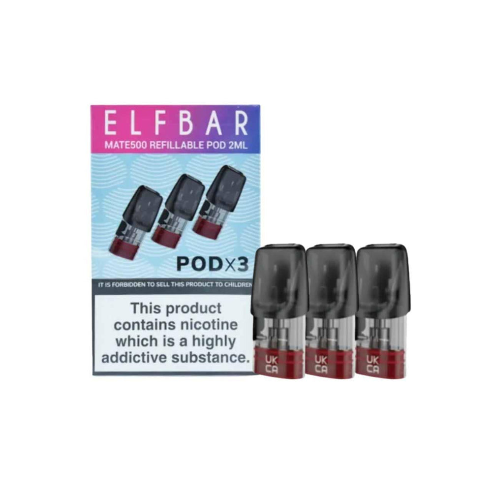Elf Bar Mate 500 empty vape pods with packaging on a white background