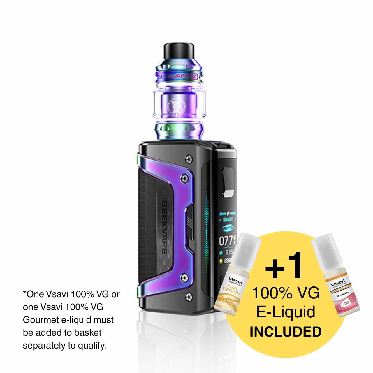 Vaping device with e-liquid bottles on a white background